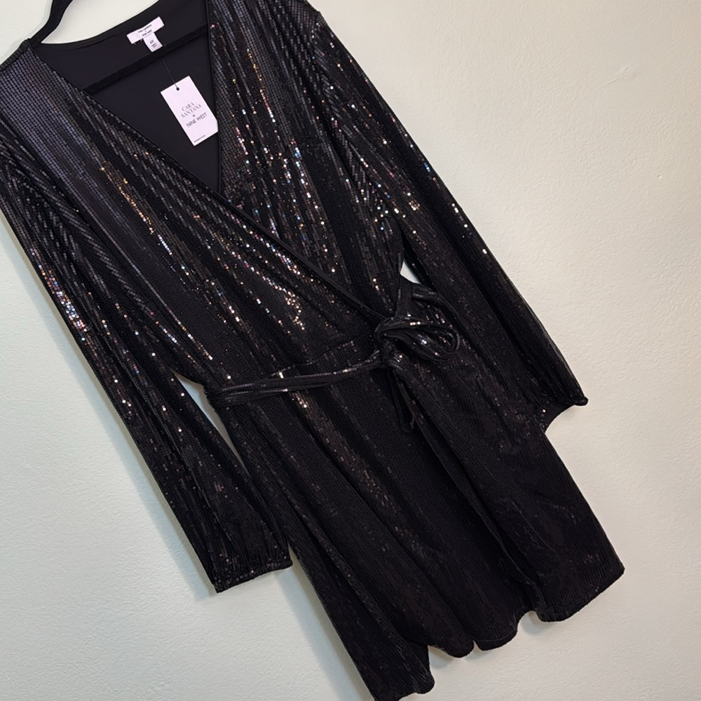 Nine West Cara Santana 4x plus sequin faux wrap dress tie waist belt - Picture 4 of 8